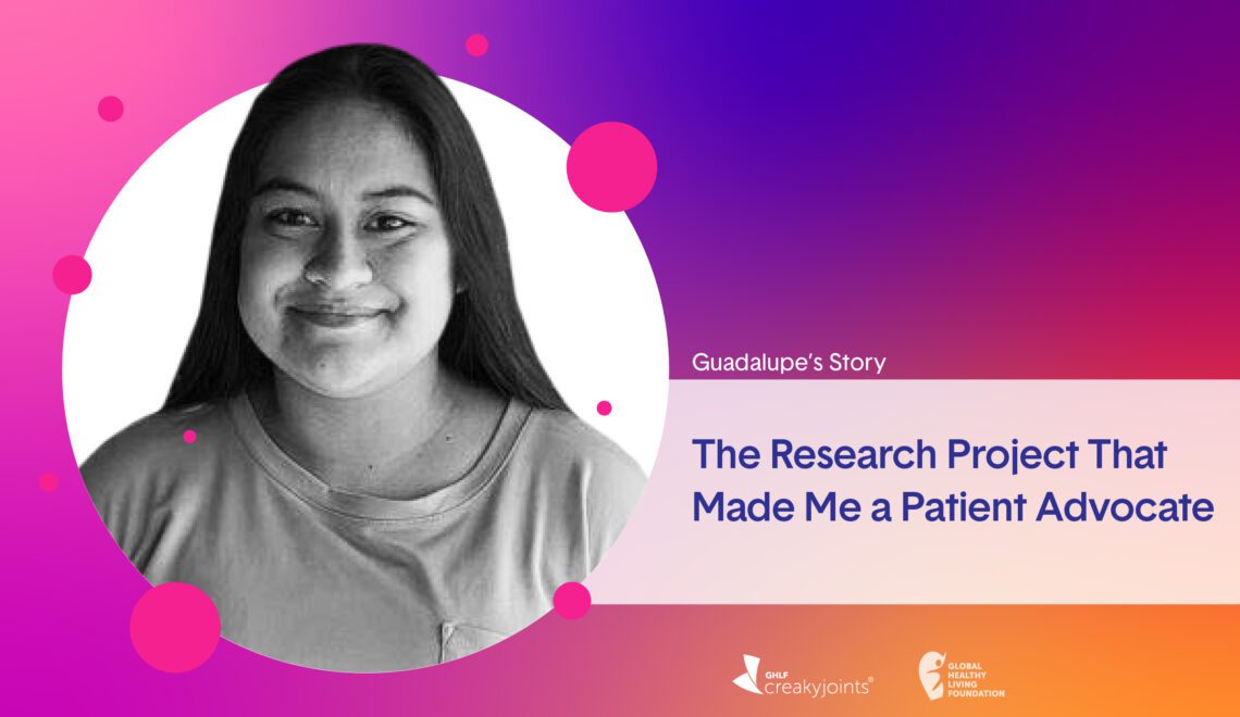 A black and white photo of rheumatoid arthritis patient, Guadalupe Torres, sitting atop a colorful background. To the right of the image is the text: Guadalupe’s Story: The Research Project That Made Me a Patient Advocate