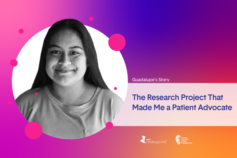 A black and white photo of rheumatoid arthritis patient, Guadalupe Torres, sitting atop a colorful background. To the right of the image is the text: Guadalupe’s Story: The Research Project That Made Me a Patient Advocate