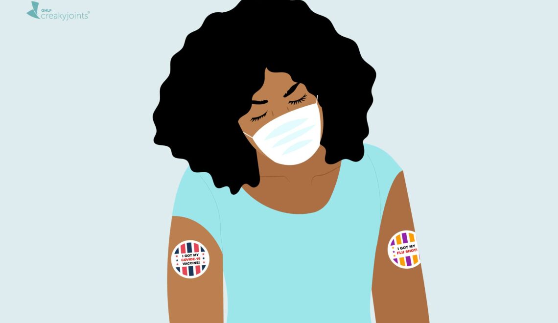 An illustration of a person wearing a mask with two stickers on their arms. On the left is a sticker that says "I got my COVID-19 vaccine." On the right is a sticker that says "I got my flu shot."