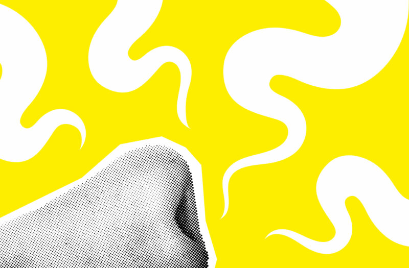 a Human Nose on a yellow backdrop breathing in odors.