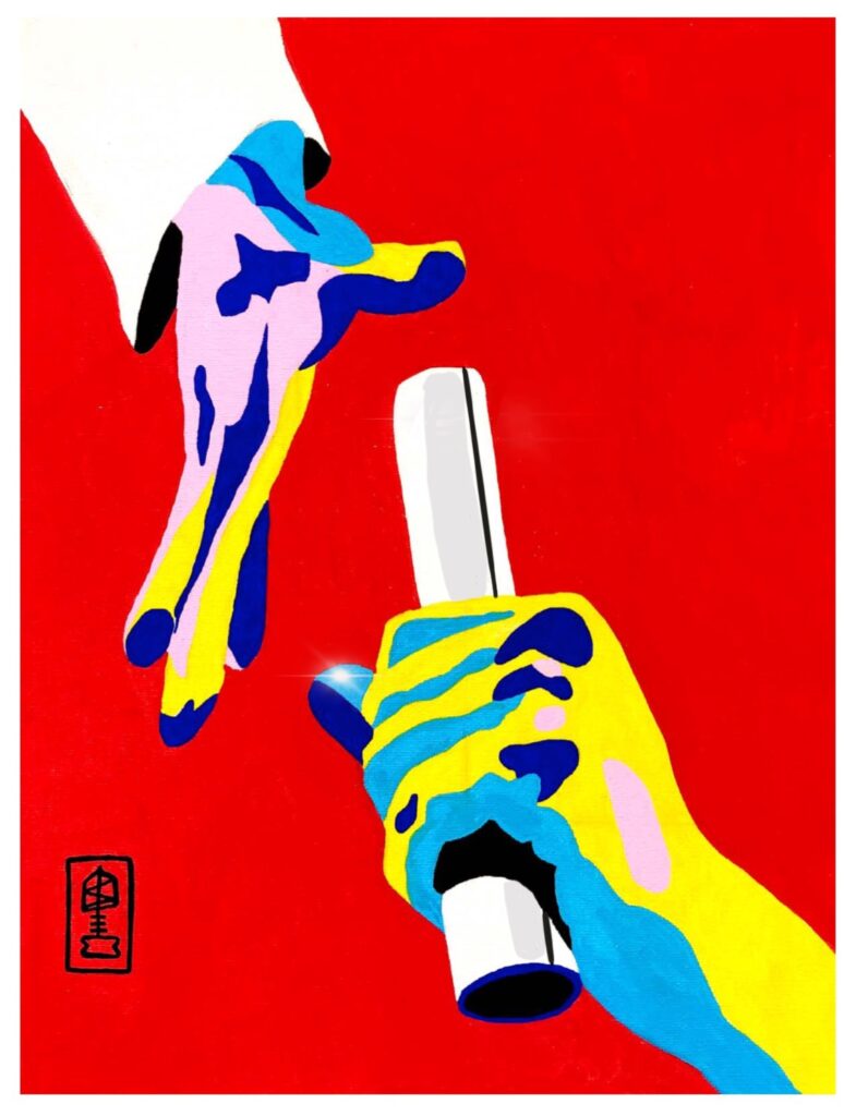 Artwork by Sal Marx called "A Baton in a Relay Race." It shows one hand holding a baton about to pass it off to a different hand.