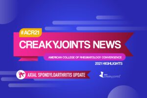 On a dark blue background, there is a pink banner in the center with text that reads “CreakyJoints News.” In a yellow box above the banner, text reads “#ACR21.” In a purple box below the banner, text reads “American College of Rheumatology Convergence.” Text below this in white reads “2021 Highlights.” Below, there is another text bubble in pink with text that reads “Axial Spondylarthritis Update” and to the left is a circle with an image of a person bent over with a flared spot on the lower back.