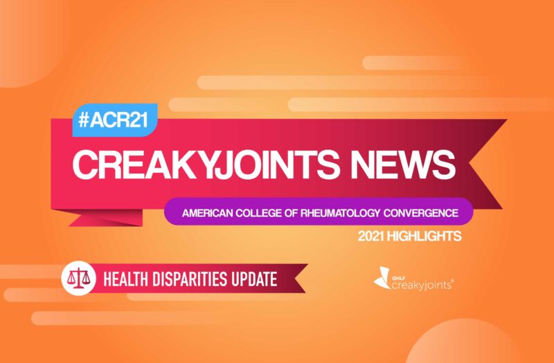 On an orange background, there is a red banner in the center with text that reads “CreakyJoints News.” In a blue box above the banner, text reads “#ACR21.” In a purple box below the banner, text reads “American College of Rheumatology Convergence.” Text below this in white reads “2021 Highlights.” Below, there is another text bubble in red with text that reads “Health Disparities Update” and to the left is a circle with an image of a scale..