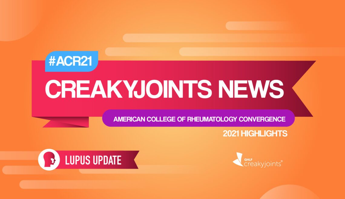 On an orange background, there is a red banner in the center with text that reads “CreakyJoints News.” In a blue box above the banner, text reads “#ACR21.” In a purple box below the banner, text reads “American College of Rheumatology Convergence.” Text below this in white reads “2021 Highlights.” Below, there is another text bubble in red with text that reads “Lupus Update” and to the left is a circle with an image of a head with a rash on the cheek.