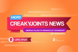 On an orange background, there is a red banner in the center with text that reads “CreakyJoints News.” In a blue box above the banner, text reads “#ACR21.” In a purple box below the banner, text reads “American College of Rheumatology Convergence.” Text below this in white reads “2021 Highlights.” Below, there is another text bubble in red with text that reads “Lupus Update” and to the left is a circle with an image of a head with a rash on the cheek.