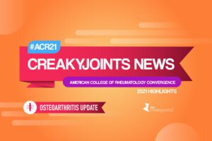 On an orange background, there is a red banner in the center with text that reads “CreakyJoints News.” In a blue box above the banner, text reads “#ACR21.” In a purple box below the banner, text reads “American College of Rheumatology Convergence.” Text below this in white reads “2021 Highlights.” Below, there is another text bubble in red with text that reads “Osteoarthritis Update” and to the left is a circle with an image of two bones touching with lightning bolts surrounding it.