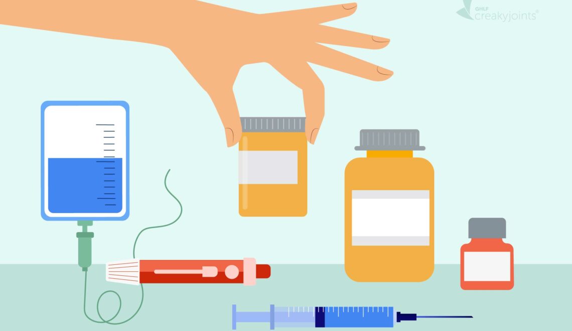 Illustration of a person's hand picking up a bottle of pills, with other types of medications on a counter below, including injection pens and an infusion bag