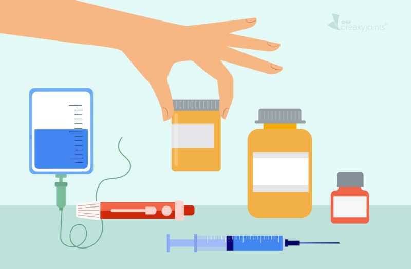 Illustration of a person's hand picking up a bottle of pills, with other types of medications on a counter below, including injection pens and an infusion bag