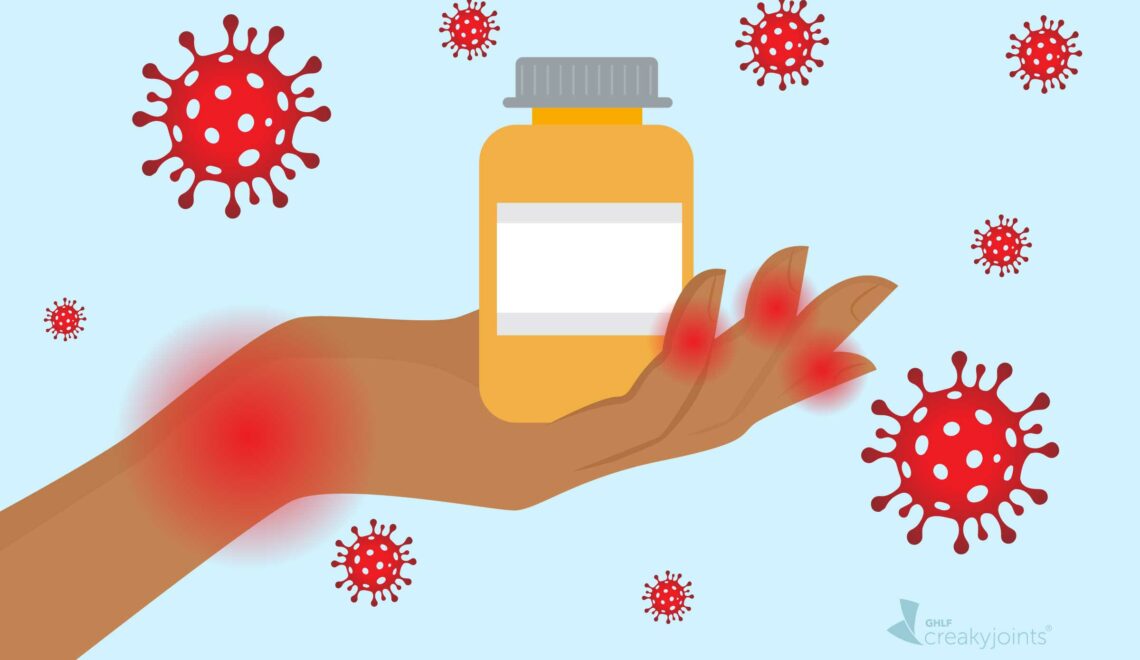 An illustration of a hand with pain spots holding a prescription pill bottle and surrounded by coronavirus germs