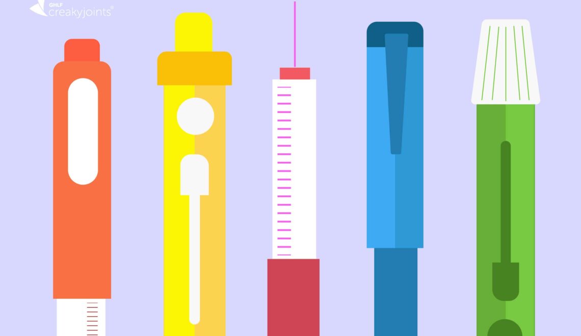 an illustration that shows different biologic medication syringes and auto-injector pens