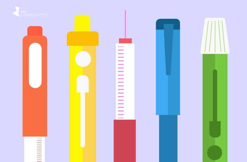 an illustration that shows different biologic medication syringes and auto-injector pens