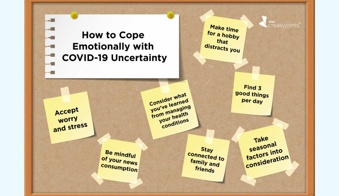 Illustration of a bulletin board that says "How to Cope Emotionally with COVID-19 Uncertainty" and has notes with different tips about coping.