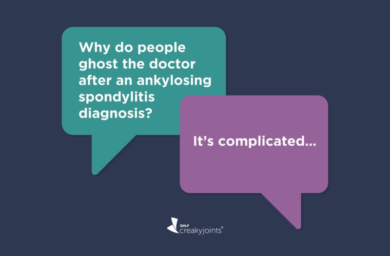 illustration that shows two thought bubbles. One says "Why do people ghost the doctor after an ankylosing spondylitis diagnosis" and the other says "It's complicated"