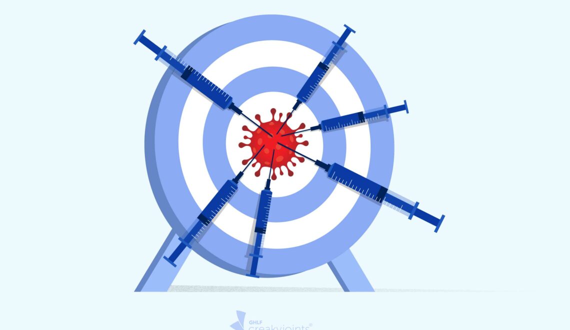 Illustration of syringes of monoclonal antibody medication hitting a dartboard with a coronavirus germ in the middle