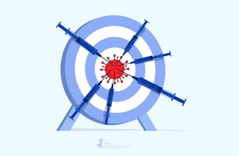 Illustration of syringes of monoclonal antibody medication hitting a dartboard with a coronavirus germ in the middle