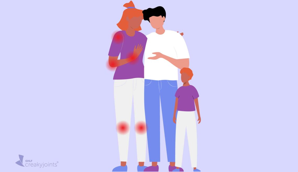 Illustration of woman with lupus with flares and family