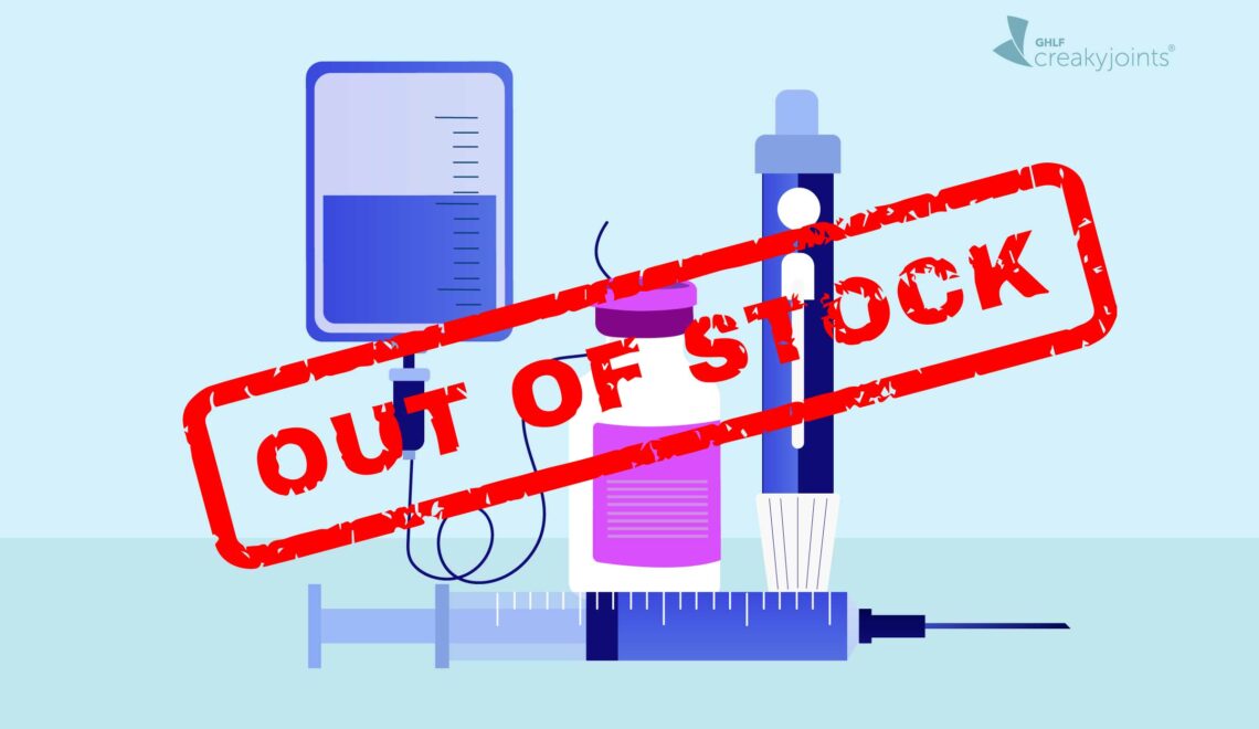 An illustration showing IV and injectable medication with the text "Out of Stock" on top