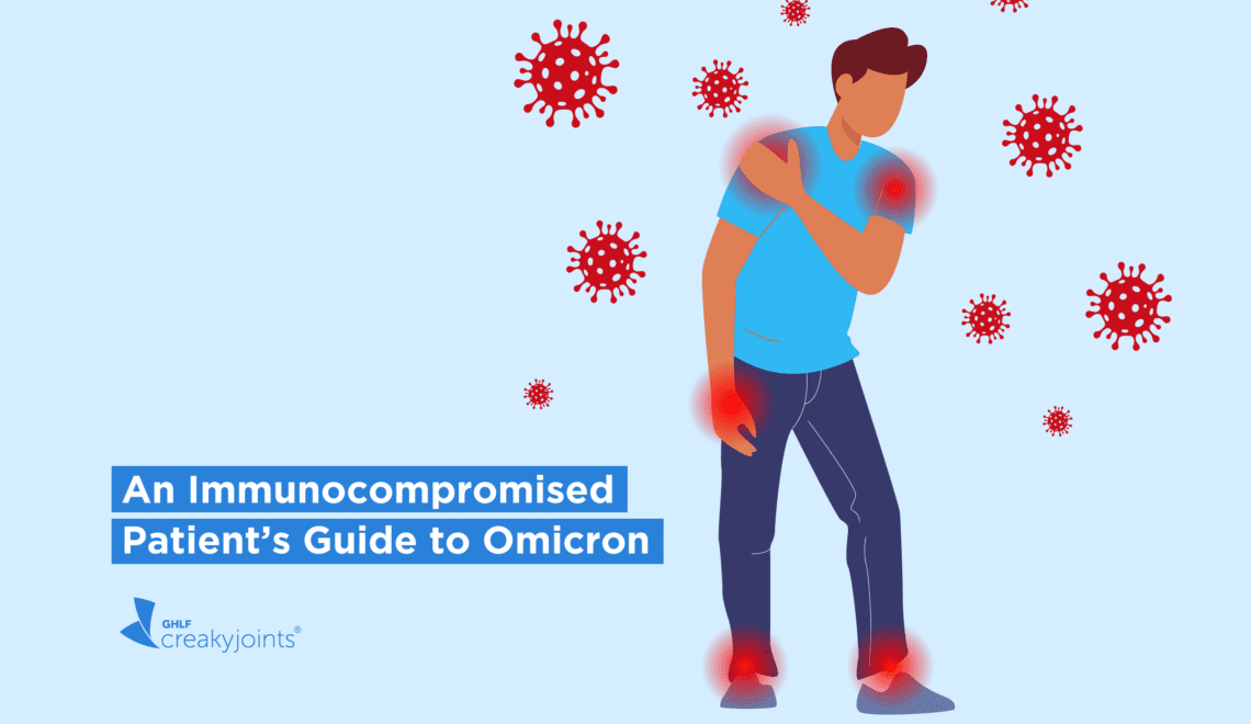 Illustration of a patient with pain spots and coronavirus germs with the text: An Immunocompromised Patient's Guide to Omicron