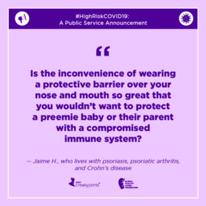 Designed quote about protecting immunocompromised by wearing protective barrier