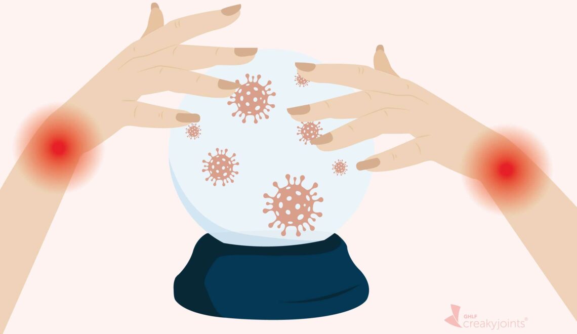 Illustration of hands with red pain spots on a crystal ball filled with coronavirus germs