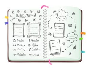Bullet journal pages with doodle drawings and week layout, open notebook with hand drawn sketch doodles isolated on white background - trendy planner vector illustration