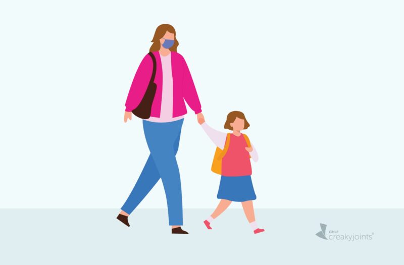 Illustration of masked parent with unmasked school child