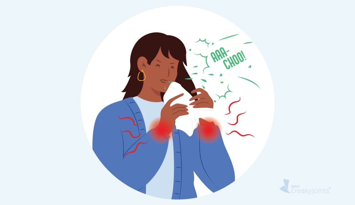 Illustration of person with inflammatory arthritis sneezing