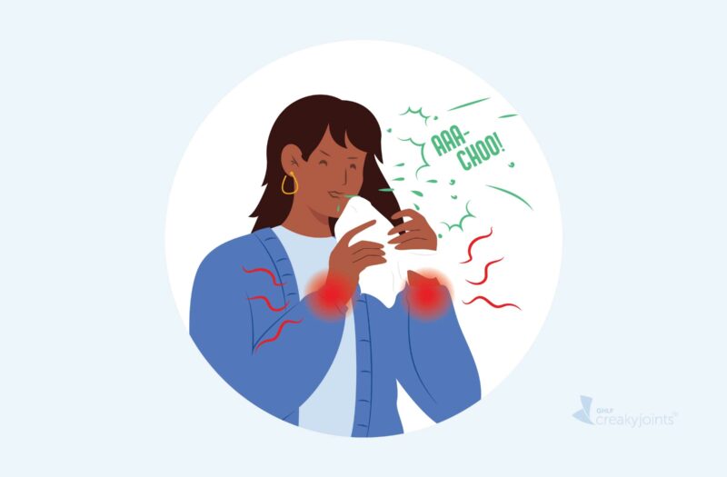 Illustration of person with inflammatory arthritis sneezing