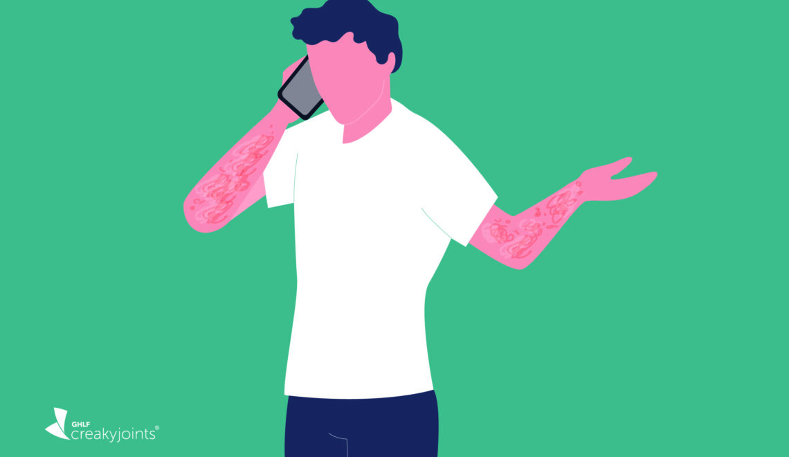 Image of person with psoriasis on phone with specialty pharmacist