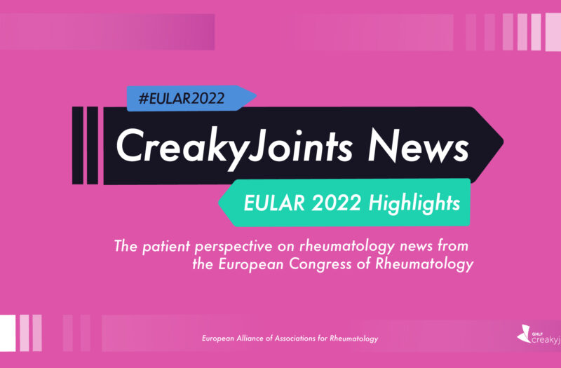 A pink background. On top of that is a black box with white text that reads "CreakyJoints News" Beneath that is a green box with white text that reads "EULAR2022"