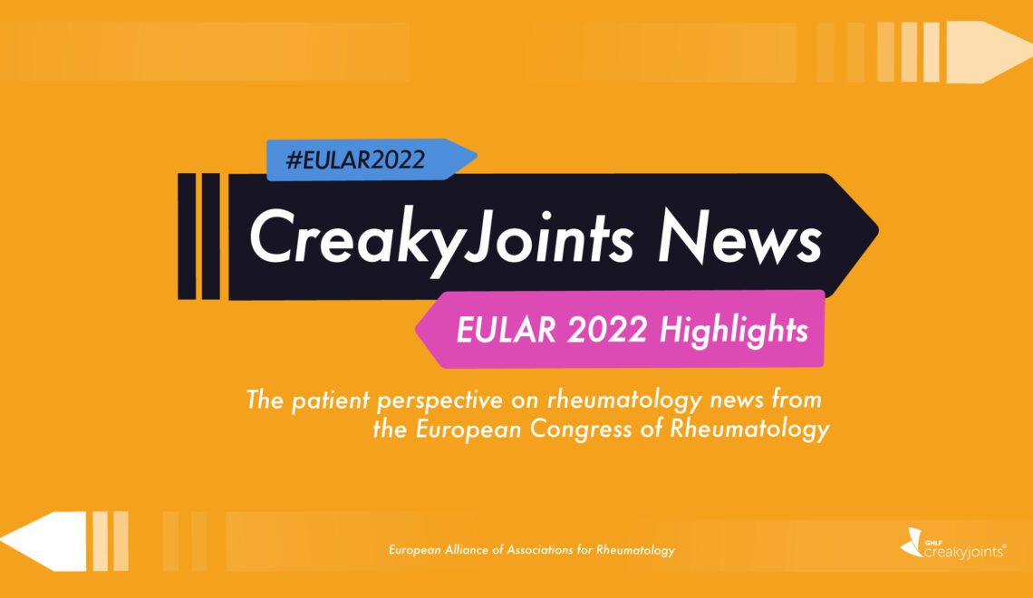 A yellow background. On top of that is a black box with white text that reads "CreakyJoints News" Beneath that is a purple box with white text that reads "EULAR2022"