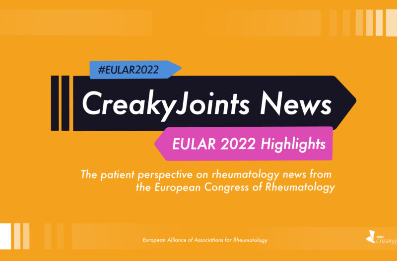 A yellow background. On top of that is a black box with white text that reads "CreakyJoints News" Beneath that is a purple box with white text that reads "EULAR2022"