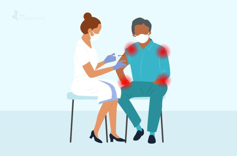 illustration of person administering vaccine with arthritis flares on person receiving shot