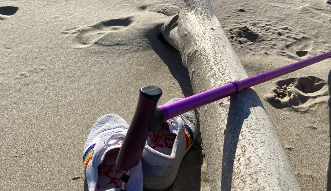 Picture of rainbow sneakers and cane to represent Pride Month and Disability Pride Month