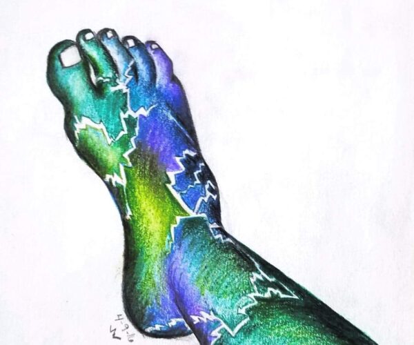How Jennifer Walker's foot felt after the fall described in the first ER visit, and the brace was removed and the swelling went down. Shooting electrical nerve pain. That fall intensified the nerve pain in my feet thereafter. This piece is done in colored pencil and pencil on paper