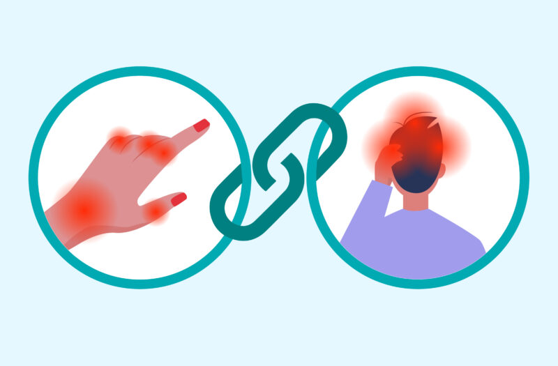 Cartoon of hand with flare and head showing migraine