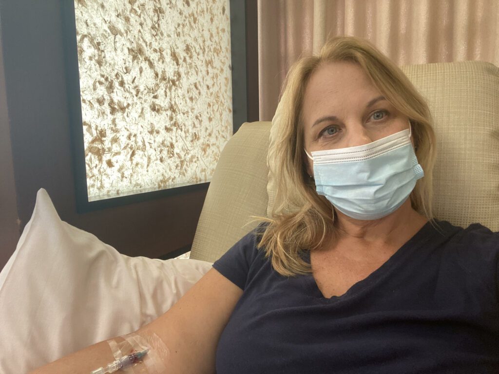 Patient advocate Shelley Fritz in infusion suite