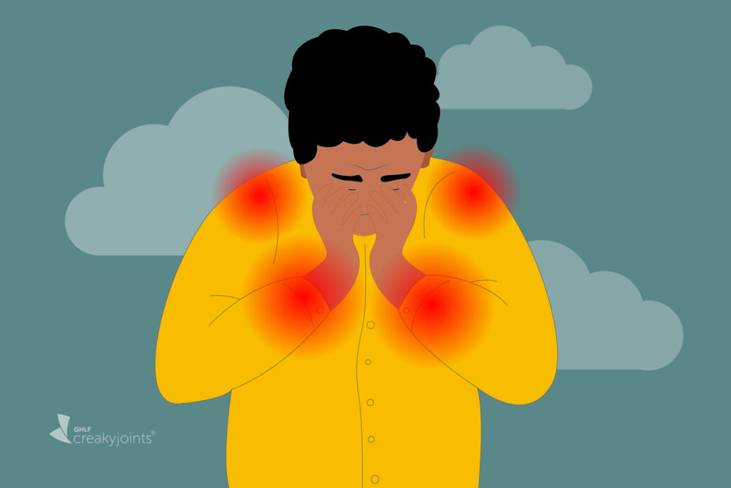 Illustration of someone grieving with red dots for arthritis flares