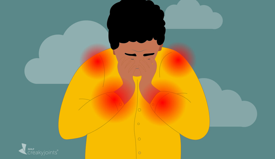 Illustration of someone grieving with red dots for arthritis flares