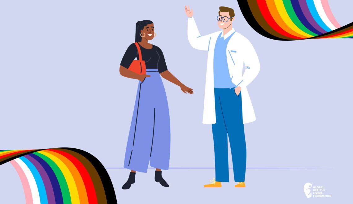 illustration of doctor and patient with rainbow to represent LGBTQ+