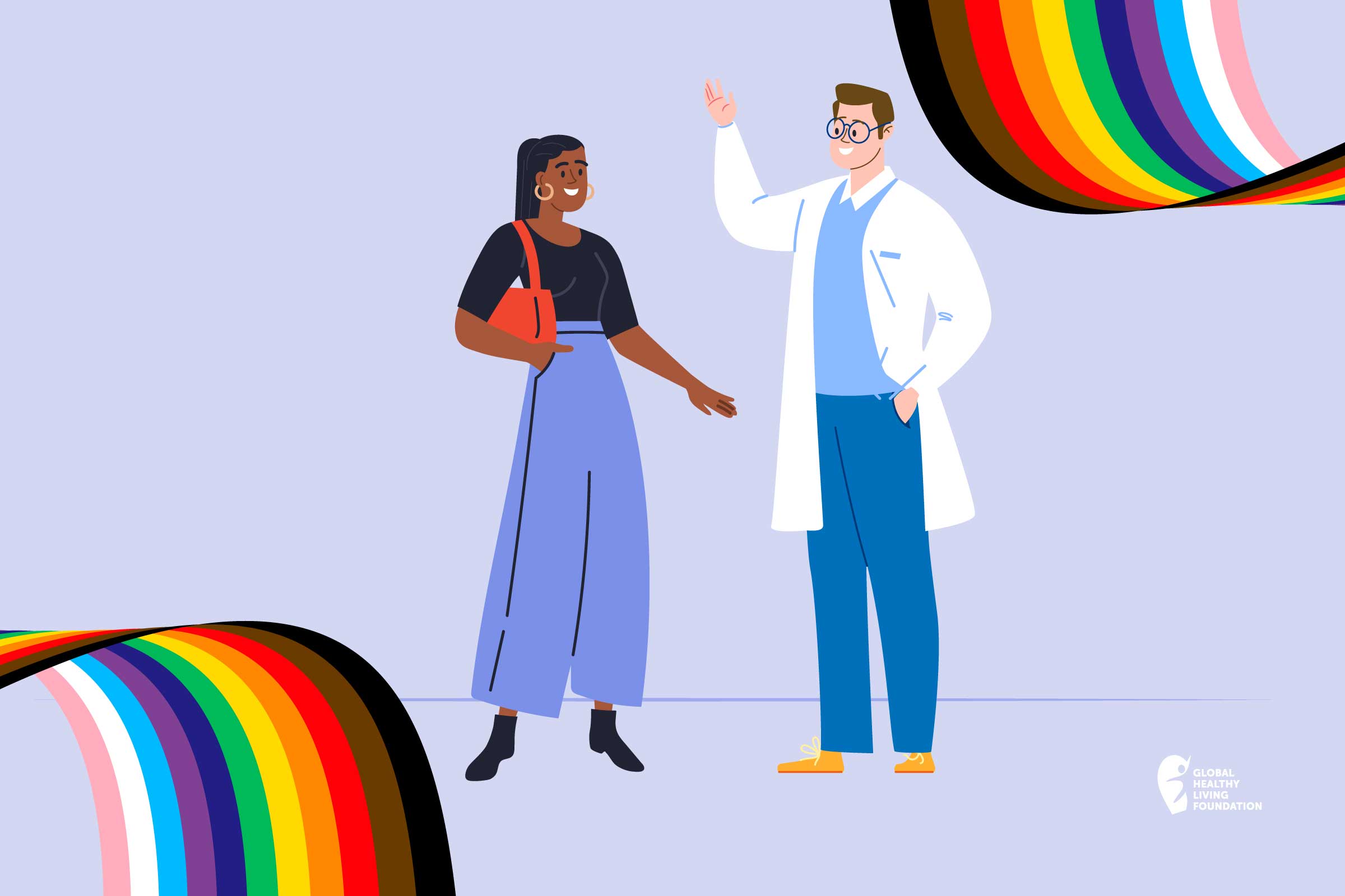 illustration of doctor and patient with rainbow to represent LGBTQ+